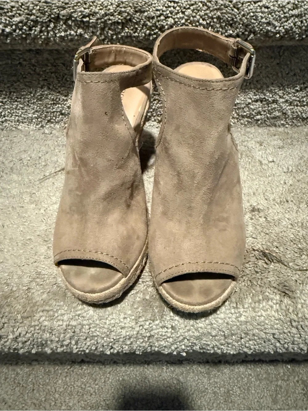 Suede Peep-Toe Ankle Strap Wedge Sandals - Taupe